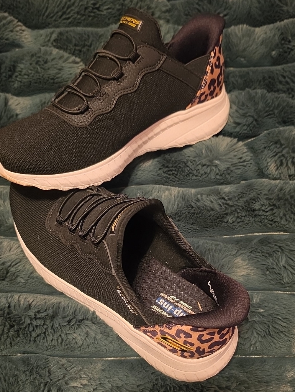 Women's Black Slip-On Athletic Sneakers with Leopard Accent Size 8W